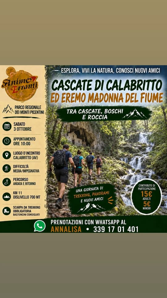 Evento MEDIO – IMPEGNATIVO – Le Cascate Calabritto e l’ Eremo Madonna del Fiume Locandina MEDIO – IMPEGNATIVO – Le Cascate Calabritto e l’ Eremo Madonna del Fiume - sabato 3 ottobre ore 11:00 - 13:00