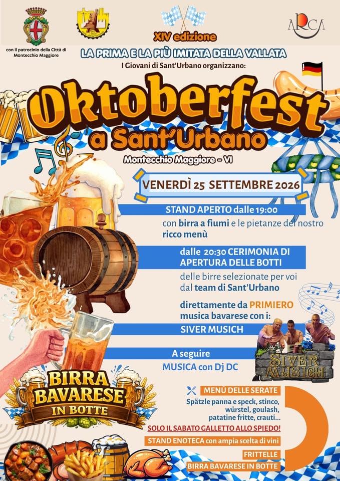 Evento Oktoberfest A Sant’urbano – Mont.maggiore Vicenza Locandina Oktoberfest A Sant’urbano – Mont.maggiore Vicenza - da venerdì 25 settembre - sabato 26 settembre 2026 ore 19:00 ore 01:00