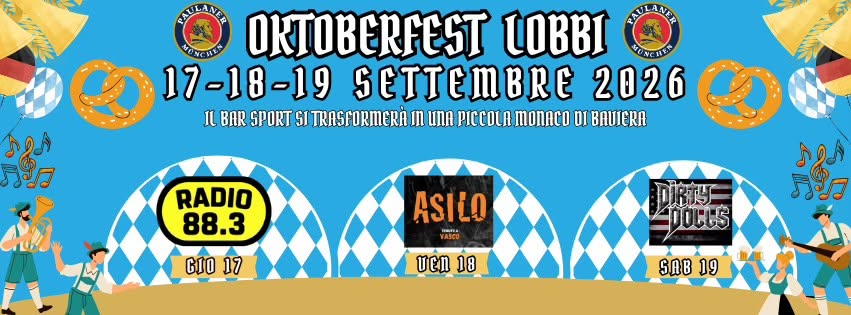 Evento Oktoberfest Lobbi 2026 Locandina Oktoberfest Lobbi 2026 - da giovedì 17 settembre - venerdì 18 settembre 2026 ore 20:00 ore 02:00