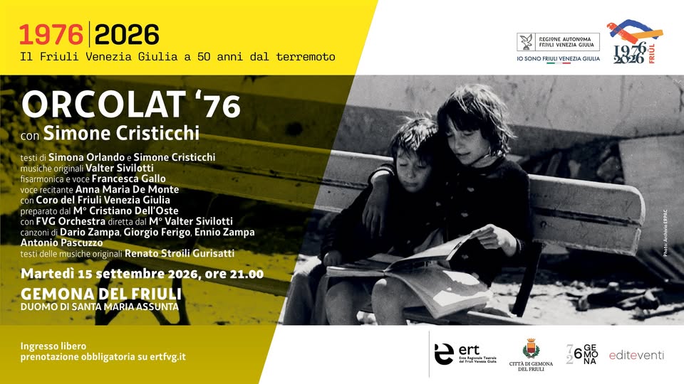 Evento ORCOLAT ’76 con Simone Cristicchi Gemona del Friuli UD Locandina ORCOLAT ’76 con Simone Cristicchi Gemona del Friuli UD - martedì 15 settembre ore 21:00 - 23:00