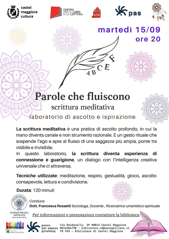 Evento Parole che fluiscono. Laboratorio di scrittura e meditazione Locandina Parole che fluiscono. Laboratorio di scrittura e meditazione - martedì 15 settembre ore 20:00 - 22:00