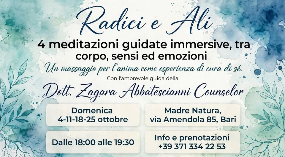 Evento Radici e Ali – meditazioni guidate Locandina Radici e Ali – meditazioni guidate - da domenica 4 ottobre - domenica 25 ottobre 2026 ore 18:00 ore 19:30
