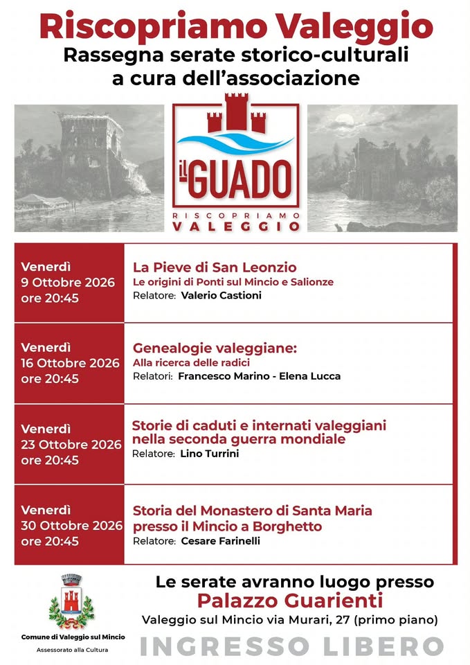 Evento Rassegna serate storico culturali di Ottobre Locandina Rassegna serate storico culturali di Ottobre - da venerdì 9 ottobre - venerdì 23 ottobre 2026 ore 20:45