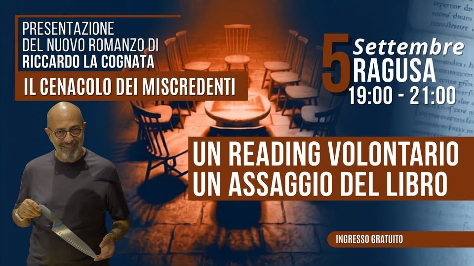 Evento Riccardo La Cognata – Presentazione del libro Il Cenacolo dei Miscredenti Locandina Riccardo La Cognata – Presentazione del libro Il Cenacolo dei Miscredenti - sabato 5 settembre ore 19:00 - 21:00