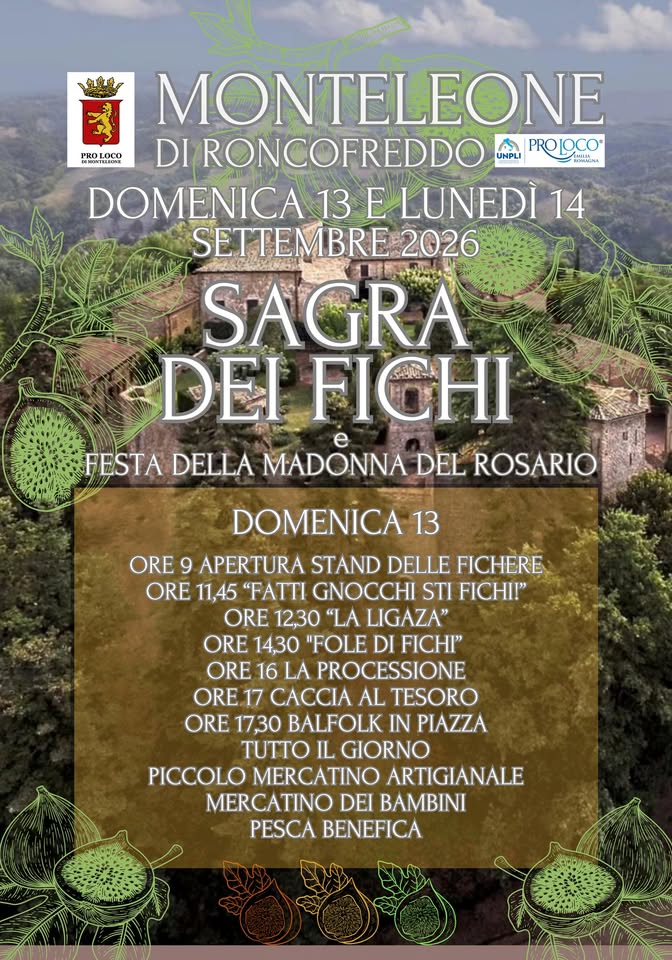 Evento SAGRA DEI FICHI e Madonna del Rosario – 13 e 14 settembre 2026 – Proloco Monteleone Locandina SAGRA DEI FICHI e Madonna del Rosario – 13 e 14 settembre 2026 – Proloco Monteleone - da domenica 13 settembre - lunedì 14 settembre 2026 ore 09:00 ore 23:45
