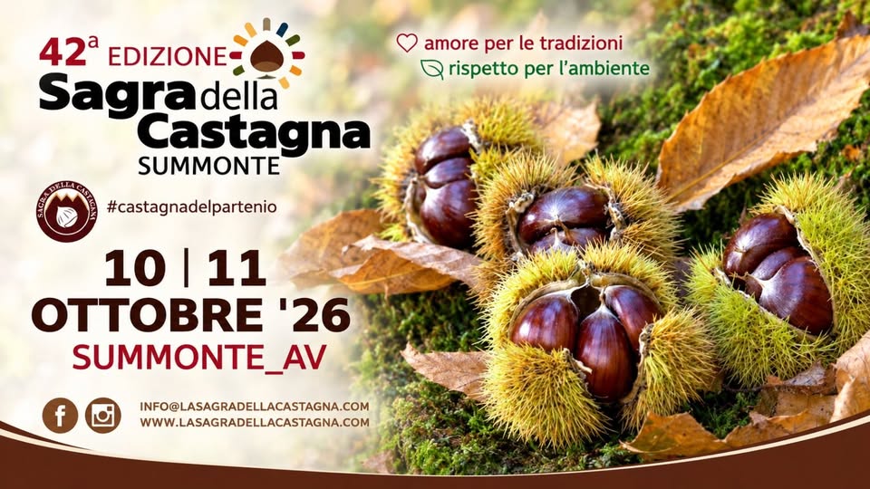 Evento Sagra della Castagna di Summonte (AV) Locandina Sagra della Castagna di Summonte (AV) - da sabato 10 ottobre - domenica 11 ottobre 2026 ore 10:00 ore 23:59