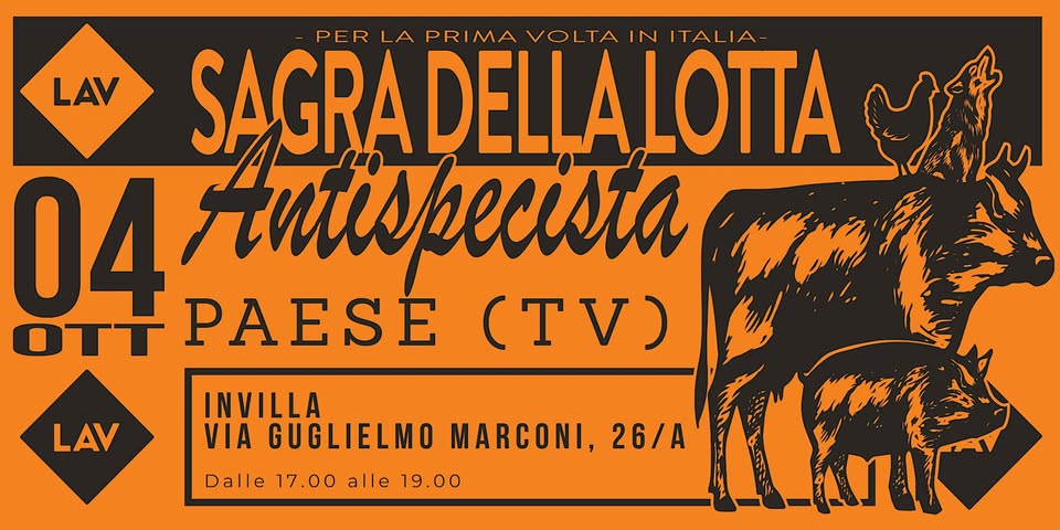 Evento Sagra della Lotta Antispecista – Paese (Treviso) Locandina Sagra della Lotta Antispecista – Paese (Treviso) - domenica 4 ottobre ore 17:00 - 19:00