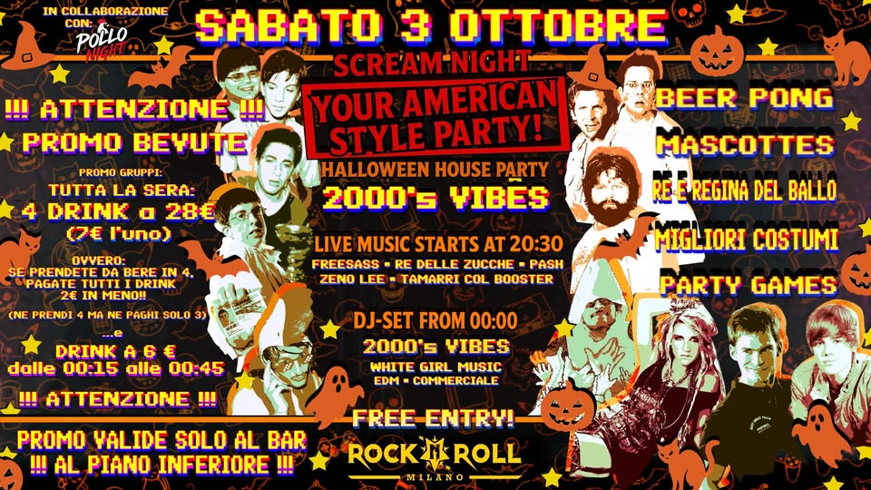 Evento Scream Night Your American – Style Party! 3 Ottobre Milano Locandina Scream Night Your American – Style Party! 3 Ottobre Milano - sabato 3 ottobre ore 20:30 - 22:30