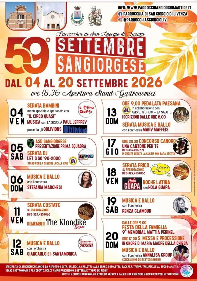 Evento Settembre Sangiorgese – Cena Locandina Settembre Sangiorgese – Cena - da venerdì 11 settembre - sabato 12 settembre 2026 ore 18:00 ore 23:30