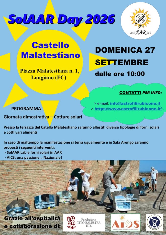Evento SolAAR Day 2026 – dimostrazione di cotture solari Locandina SolAAR Day 2026 – dimostrazione di cotture solari - domenica 27 settembre ore 10:00 - 15:00