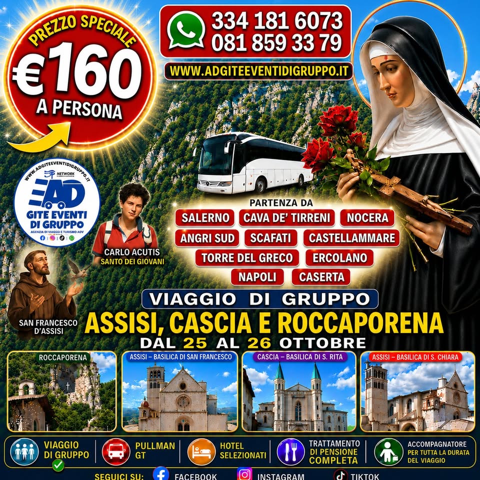 Evento SPECIALE WEEKEND Assisi’ Cascia’ Roccaporena Dal 25 al 26 Ottobre Locandina SPECIALE WEEKEND Assisi’ Cascia’ Roccaporena Dal 25 al 26 Ottobre - da domenica 25 ottobre - lunedì 26 ottobre 2026 ore 05:00 ore 23:00