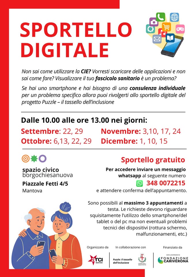 Evento SPORTELLO DIGITALE GRATUITO vuoi un aiuto con lo smartphone? Locandina SPORTELLO DIGITALE GRATUITO vuoi un aiuto con lo smartphone? - da martedì 22 settembre - martedì 15 dicembre 2026 ore 10:00 ore 13:00