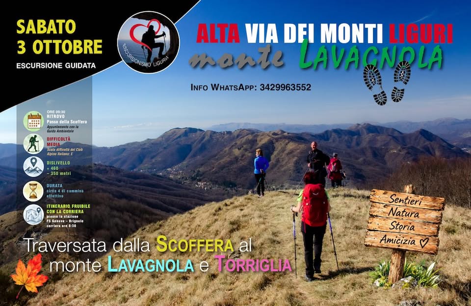 Evento Sui passi dell’Alta Via dei Monti Liguri dalla Scoffera al Monte Lavagnola e Torriglia Locandina Sui passi dell’Alta Via dei Monti Liguri dalla Scoffera al Monte Lavagnola e Torriglia - sabato 3 ottobre ore 09:30 - 17:30