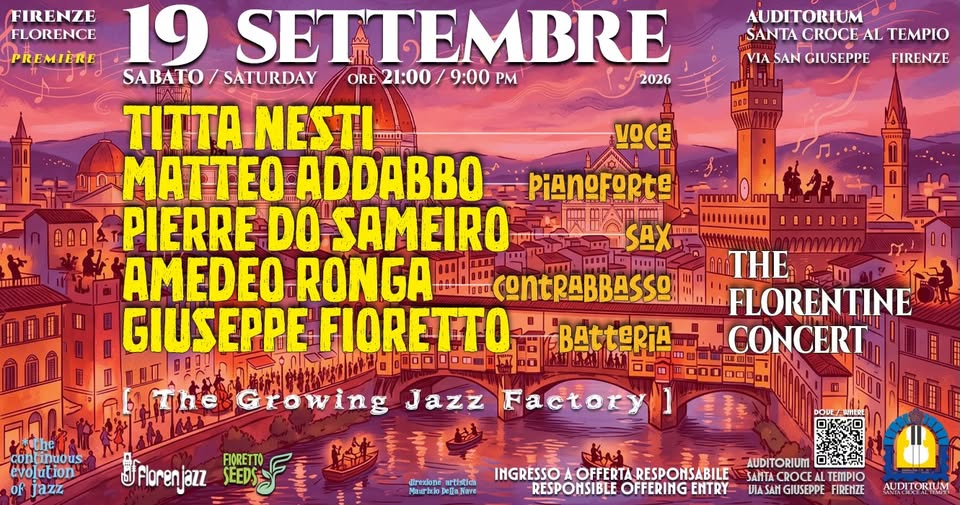 Evento Titta Nesti, Pierre Do Sameiro, Matteo Addabbo, Amedeo Ronga, Giuseppe Fioretto – FlorentineConcert Locandina Titta Nesti, Pierre Do Sameiro, Matteo Addabbo, Amedeo Ronga, Giuseppe Fioretto – FlorentineConcert - sabato 19 settembre ore 21:30 - 23:30