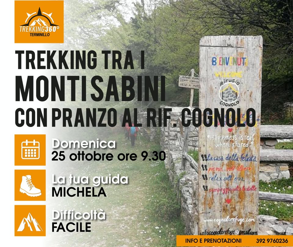 Evento Trekking tra i Monti Sabini con pranzo al Rifugio Cognolo Locandina Trekking tra i Monti Sabini con pranzo al Rifugio Cognolo - domenica 25 ottobre ore 09:30 - 14:30
