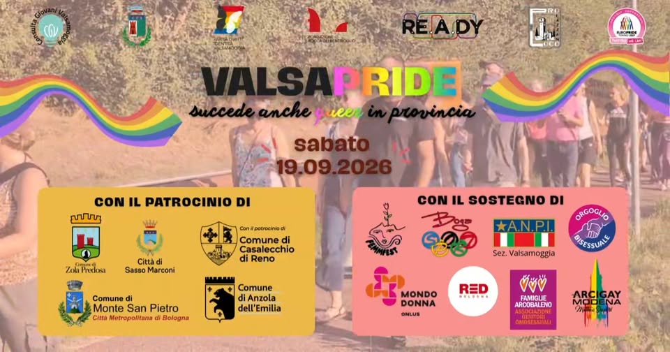 Evento ValsaPride 2026 – Succede anche queer in provincia Locandina ValsaPride 2026 – Succede anche queer in provincia - sabato 19 settembre ore 12:00 - 20:00