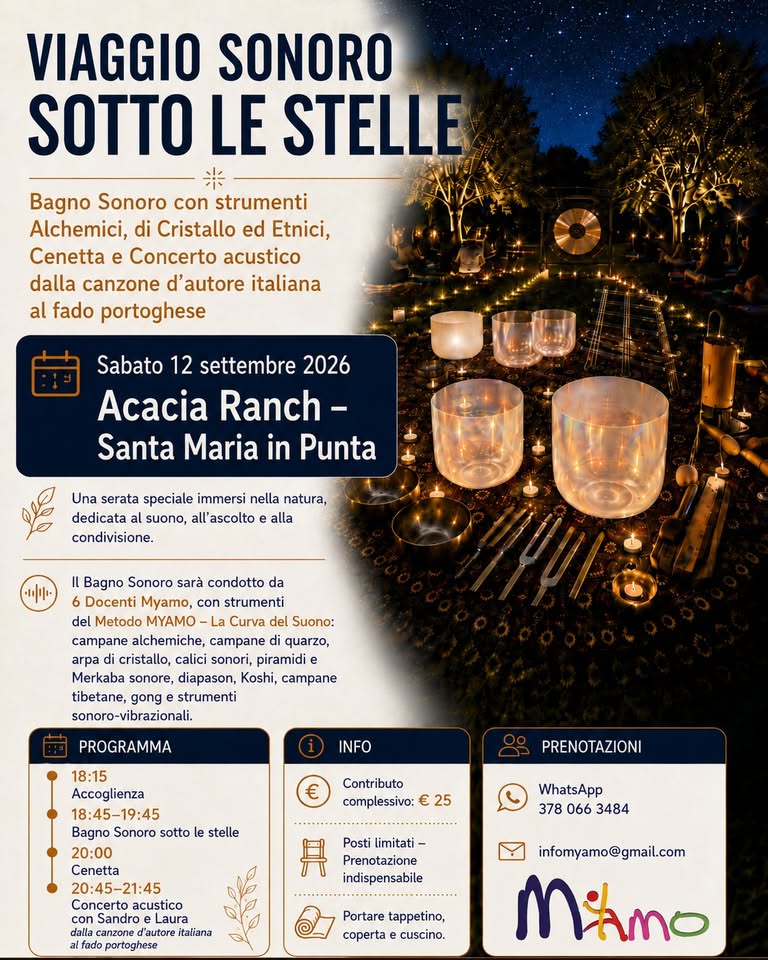 Evento VIAGGIO SONORO SOTTO LE STELLE Bagno Sonoro Cenetta Concerto Acustico 12 settembre 2026 Ariano Ro Locandina VIAGGIO SONORO SOTTO LE STELLE Bagno Sonoro Cenetta Concerto Acustico 12 settembre 2026 Ariano Ro - sabato 12 settembre ore 19:00 - 21:00