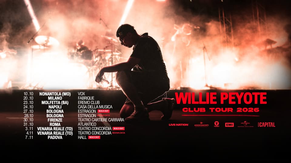 Evento Willie Peyote – 28/10/2026 – Bologna, Estragon Locandina Willie Peyote – 28/10/2026 – Bologna, Estragon - mercoledì 28 ottobre ore 20:00 - 22:00