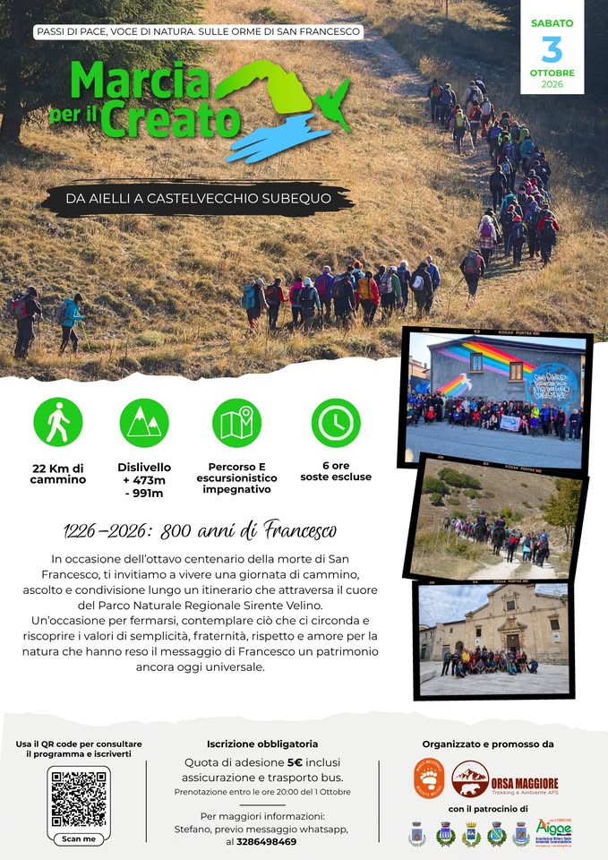 Evento XII Marcia per il Creato, da Aielli a Castelvecchio Subequo Locandina XII Marcia per il Creato, da Aielli a Castelvecchio Subequo - sabato 3 ottobre ore 07:00 - 09:00