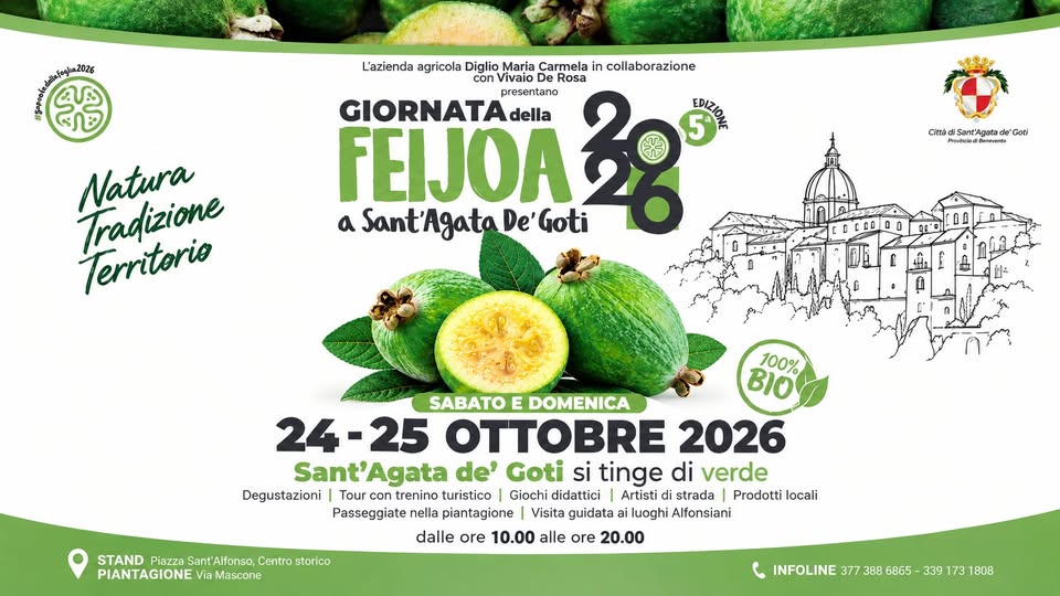 Evento Giornata della Feijoa. Sant’Agata dei Goti (BN) Locandina Giornata della Feijoa. Sant’Agata dei Goti (BN) - da sabato 24 ottobre - domenica 25 ottobre 2026 ore 10:00 ore 20:00