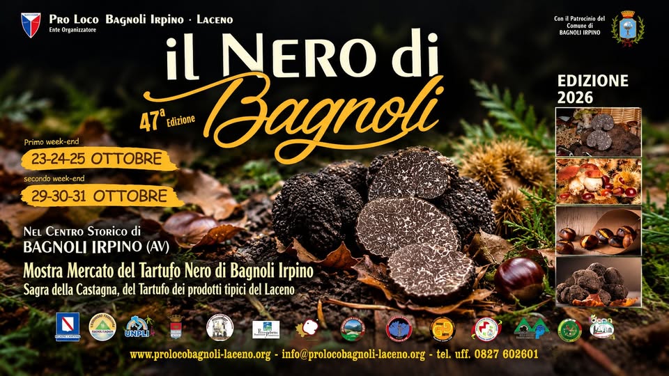 Evento Il Nero di Bagnoli. Sagra della Castagna e del Tartufo Locandina Il Nero di Bagnoli. Sagra della Castagna e del Tartufo - da venerdì 23 ottobre - sabato 31 ottobre 2026 ore 11:00 ore 23:59