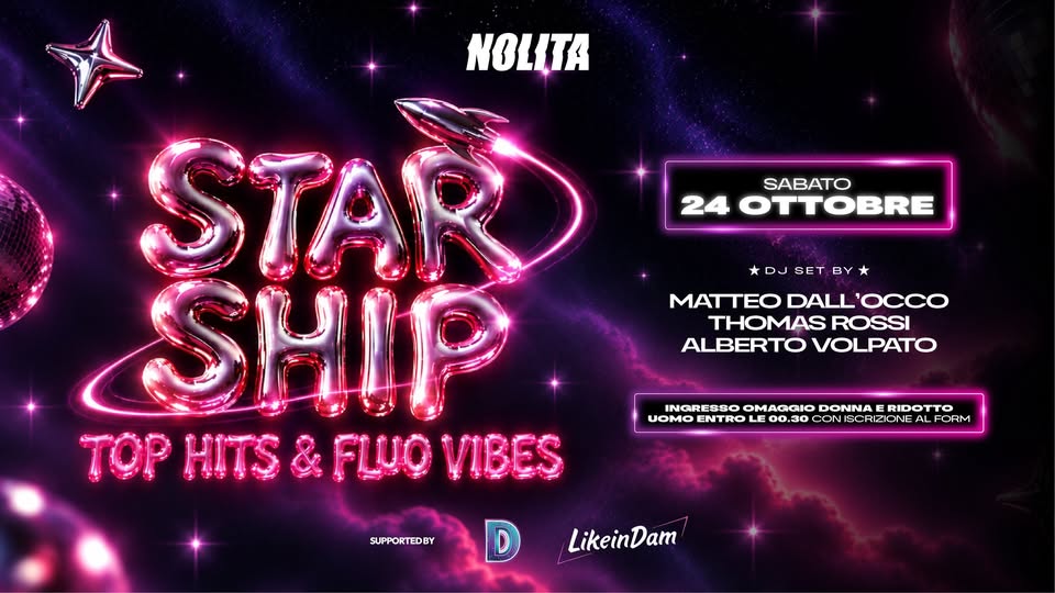Evento Starship 24.10.2026 Locandina Starship 24.10.2026 - sabato 24 ottobre ore 20:00 - 04:00